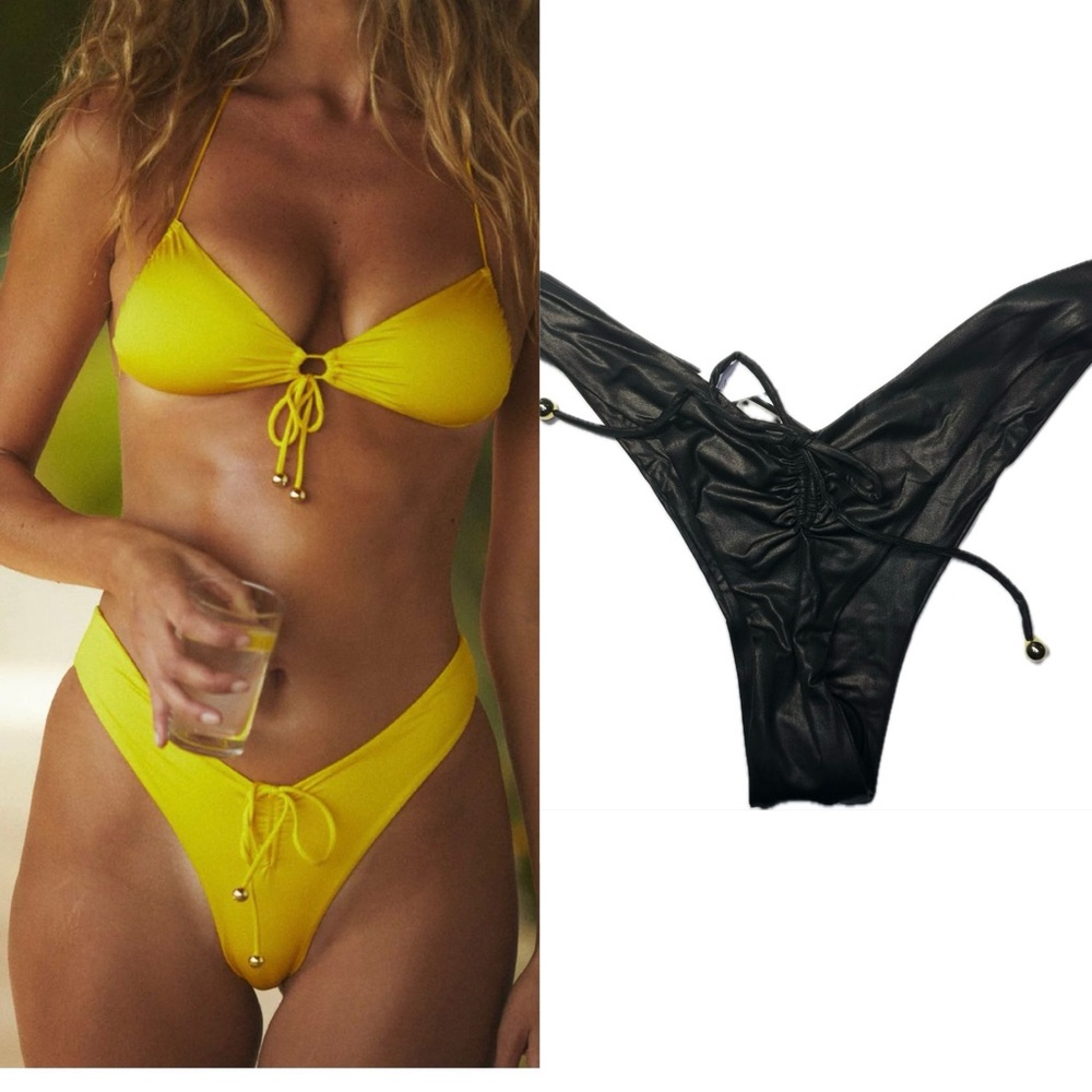 Monica Hansen Metallic Black Brazilian Bikini Bottom Tie Side Swim NWT S
